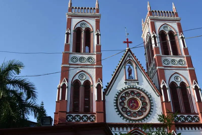 Twin spires and rose window of the Basilica of the Sacred Heart of Jesus in Pondicherry