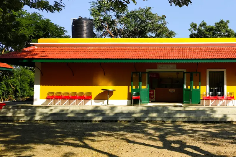 Brightly painted café building at Chunnambar Boat House