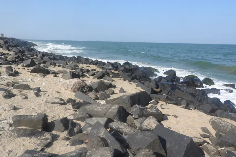 Waves breaking on the rocks of Rock Beach along the Pondicherry seafront
